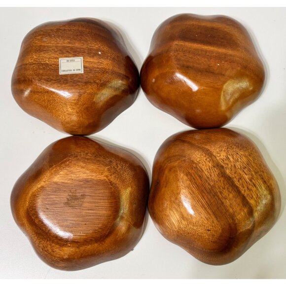 9 Piece Monkey Pod Wood Salad Serving Bowl Set Mid Century Scalloped - Picture 7 of 11